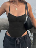 IFOMT Spring Outfits Sweetown Sleeveless Skinny Shirring Skinny Sexy Spaghetti Strap Bodysuit For Women Black Solid Simple Basic Vacation Camisole