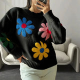 IFOMT Crochet Flower Pullover Knitted Sweater Women's Fashion Loose Lantern Long Sleeve Embroidery Knit Top Streetwear Fashion