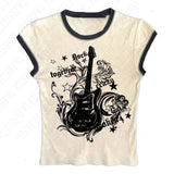 Ifomt Fashion Y2K Fake Two Guitar Print Punk T-shirts Women Slim Goth Street Retro black Tops Dark crop Tops Sexy Clothing 2000s Tops Casual Outfit