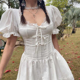 Ifomt Jasmine Puff Sleeves Lace Bow Dress