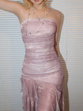 Ifomt Pleated Mesh Tulle Irregular Dress