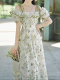 Ifomt Tea Break Ruffled Shoulder Green Floral Dress