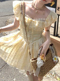 Ifomt Yellow Square Neck Puff Sleeve Dress
