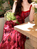 Ifomt French Red Floral Suspender Dress
