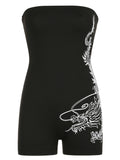 IFOMT Spring Outfits Sweetown Dragon Print Sleeveless Strapless Skinny Sexy Rompers Womens Black Chinese Style Playsuit Summer Baddie Short Overalls