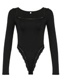 IFOMT Spring Outfits Black Lace Trim Square Collar Skinny Sexy Long Sleeve Bodycon Bodysuit Women Solid Basic Elegant Autumn Winter Rompers