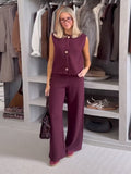 IFOMT Party Otufit Knitted Women 2 Piece Set Elegant O-Neck Sleeveless Button Vest Top High Waist Wide Leg Trousers Spring Summer Fashion Lady Suit
