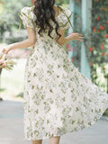 Ifomt Tea Break Ruffled Shoulder Green Floral Dress