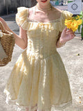 Ifomt Yellow Square Neck Puff Sleeve Dress