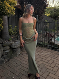 Ifomt Lady Elegant Party Dress 2025 Chic Patchwork Lace Pleated Sling Long Dress Women Sexy See Through Summer New Club Green Dresses