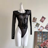 IFOMT 2024 Long Sleeve Black Mesh See Through Sexy Bodycon Bodysuit Spring Summer Women New Outfit Gothic Punk Bodysuits Y2k Clothing