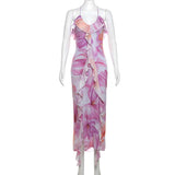 Ifomt Ruffled V-neck Floral Backless Dress