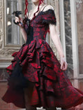 Ifomt Gothic Black and Red Jacquard Palace Dress