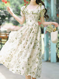 Ifomt Tea Break Ruffled Shoulder Green Floral Dress