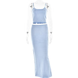 Ifomt Fashion Solid Sequin Spaghetti Strap Top 2 Piece Set Chic Sleeveless High Waist Long Skirt Suit New Lady Party Club Outfits 2025