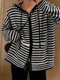 IFOMT Striped Hooded Double Zip Knit Cardigan