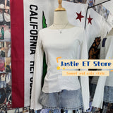 Ifomt Large Collar Eyelets White Long Sleeve Women Tshirts O-neck Slim Sweet Chic Top Cotton Woman Autumn Spring Tight Tees Y2K Street
