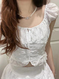 Ifomt Square Collar Lace-up Chic Summer T-shirts Flower Embroidery Tight Sexy Crop Top Sweet White Versatile Short Sleeve Tee Tank