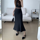 IFOMT Fashion Y2K Casual Women Long Skirt Spring Elastic High Waisted A-Line Casual Female Satin Skirts High Street Lady Midi Skirts