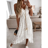 IFOMT Outfits Women's Summer Boho Aesthetic Floral Lace Irregular Dress Tassels Deep V Neck Sleeveless Versatile Beachwear Sundress