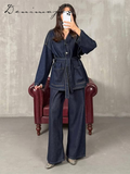 Ifomt Street Belt Denim Jacket Pants Set Women V-neck Single Breasted Pockets Coat Straight Wide Leg Jean 2025 Spring Retro Lady Suits