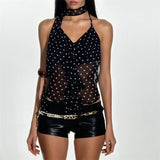 IFOMT Summer Camisole Slim Vest Sexy Women Sleeveless Perspective V-Neck Ribbon Tank Top Female Solid Black Polka Dots Crop Tops Y2k
