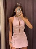 IFOMT Bows Halter Neck Solid Tank Top Low Waist Mini Skirt Two Piece Set Woman Hollow T-shirt Backless Fashion Slim Skirt Suit