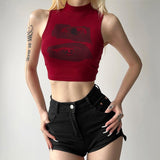 IFOMT Summer Tank Top Women Y2k Clothing Fashion Crop Top High Neck Red Printing Sleeveless Sexy Streetwear Girls' Short Tops