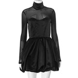 IFOMT Mesh Splice Long Sleeve Bud Dress For Women Turtleneck High Waist Folds Mini Dress Elegant Black Gown Sexy See Through