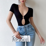 Ifomt Sexy Hollow Out Bodysuit Y2K Clothing Short Sleeves Bodycon T-shirt Women Summer Streetwear Slim Bodice Bodysuits Black Spring Style 2025
