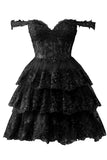 IFOMT Homecoming Dress Party Outfits Off the Shoulder Sheer Corset Tiered Ruffles Black Homecoming Dress P2284