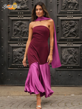 Ifomt 2025 Chic Purple Shawl Collar Off Shoulder Maxi Dress Fashion Contrast Spliced Pleated Hem Backless Robe Lady New Party Dresses