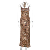 IFOMT Outfits Leopard Print Halter Elegant Evening Long Dress Party Club Summer Sexy Summer Wholesale Y2K Streetwear Casual Clothing