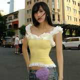 IFOMT Outfit Summer Fairies Light Yellow T-Shirt Solid Color Off Shoulder Gossip Lace Slim Crop Tops Casual Cute Sexy Sweet