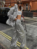 IFOMT PU Silver Women Pants Autumn Winter High Waist Casual Loose Wide Leg Pant Femme Party Club Fashion Streetwear Woman 2024Christmas Gifts