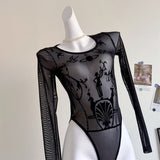 IFOMT 2024 Long Sleeve Black Mesh See Through Sexy Bodycon Bodysuit Spring Summer Women New Outfit Gothic Punk Bodysuits Y2k Clothing