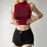 IFOMT Summer Tank Top Women Y2k Clothing Fashion Crop Top High Neck Red Printing Sleeveless Sexy Streetwear Girls' Short Tops