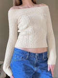 IFOMT Knit Braided Pattern Boat Neckline Slim Fit Crop Sweater