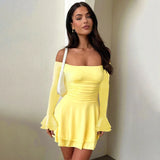 IFOMT One-Shoulder Flare Sleeve Dress For Women Ruffled Slim Mini Dresses Autumn New Elegant Sexy Backless Gown Dress Female