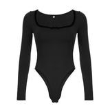 IFOMT Spring Outfits Autumn Hotsweets Slim Long Sleeve Bodysuit Women Simple Lace Trim Square Collar Bow Rompers Trendy Clothing