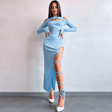 IFOMT Casual Winter Outfits Knit Rib O Neck Hollow Out Long Sleeve Slit Korean Lace Up Elegant Dress Fashion 2024 Evenig Party Y2K Casual Clothing