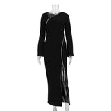 IFOMT Black Splice Zipper Dress For Women Side Slits Slim Elegant Dresses Femme Party Retro Temperament Evening Dress Woman New