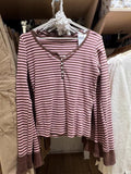 Ifomt Sweet Pink Brown Striped Long Sleeve T-shirt Women Six Buttons O-Neck Cotton Slim Tee Preppy Style Cute Vintage Tshirt Y2k Tops