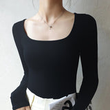 IFOMT U Neck Long Sleeve Shirt Women Warm Fleece Sexy Cropped Tops Autumn Winter Black Casual Skinny Slim Basic T Shirt Woman