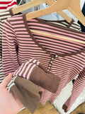 Ifomt Sweet Pink Brown Striped Long Sleeve T-shirt Women Six Buttons O-Neck Cotton Slim Tee Preppy Style Cute Vintage Tshirt Y2k Tops