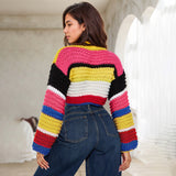 IFOMT Outfit Autumn Colorful Stripe Long Sleeve Rainbow  Heavy Knit Sweater Handmade All-Match Short Crop Sweater Winter Streetwear Girl