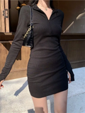 IFOMT Long Sleeve Dresses for Women Black Sexy Club Bodycon Mini Dress Y2k High Waist Ladies Korean Short Dress Basic Autumn Winter