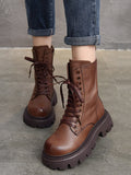 IFOMT Vintage Cow Leather Mid Heels Height Boots