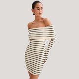 IFOMT Beach Vacation Strapless Striped Long Sleeve Knitwear Dresses One-Shoulder Female Slim Fit Casual Short Dresses Summer