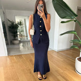 IFOMT Party Otufit Elegant Women 2 Piece Set Knit O-Neck Sleeveless Single Breasted Vest Top Elastic High Waist Maxi Skirt 2025 New In Matching Set